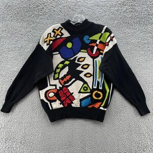 VTG 80s 90s Santoria Sweater Women Medium Black Abstract Art Geometric Mock Neck